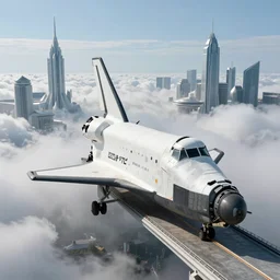 The shuttle craft from the lower level up to the futuristic city in the clouds