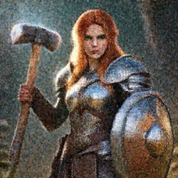 dwarven woman, ginger hair, green eyes, holding hammer in one hand shield on the other, with plate armour ultra realistic , lens flare, atmosphere, glow, detailed, intricate, full of colour, cinematic lighting, trending on artstation, 4k, hyperrealistic, focused, extreme details, unreal engine 5, cinematic, masterpiece