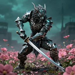 hyperrealistic neo - gothic human gargoyle hybrid, exoskeleton armor, fighting with katana, field of pink flowers, highly detailed digital art masterpiece, vitaly bulgarov dramatic dark teal light, ground angle hd 8 k, sharp focus