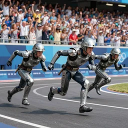 The matrix, LeeLoo, Starship Troopers, Sprinters in a race, The Olympics footage with crowd cheering, intense moment, cinematic stillframe, french new wave, The fifth element, vintage robotics, formula 1, starring Geena Davis