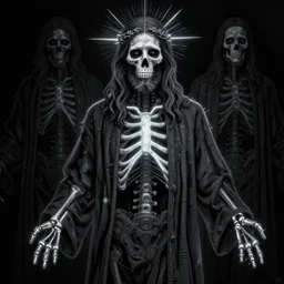 neon skeleton jesus, noir, sharp focus, intricate, illustration, cell shaded, digital painting, highly detailed, matte, art by ilya kuvshinov, wlop, greg rutkowski, reflections, studio quality, james jean, artem demura