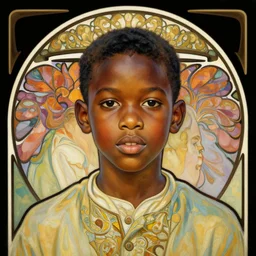colourful upper half portrait of an african boy, art by hsiao - ron cheng & alphonse mucha, highly detailed, digital painting, concept art, illustration, smooth sharp focus, intricate, symmetry, black backdrop, artstation,