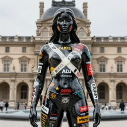 hyperdetailed masterpiece portrait of a glossy black marble statue of a woman covered in colorful motocross branding, symmetrical, logos, typography, in the style of virgil abloh, offwhite, heron prestorn, denoise, vogue, paris, fashion, louvre museum, highly detailed, realistic, hyperreal, 8 k, 4 k, render