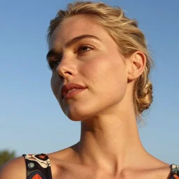 vintage photograph of an olive skinned blonde female model in her early thirties, her hair pinned up, wearing a designer top, looking content, focused on her neck, photo realistic, extreme detail skin, natural beauty, no filter, slr, golden hour, 4 k, high definition, selfie