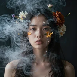 candid portrait of very very beautiful young filipino woman with narrow face, surrounded by dramatic swirling thick smoke, flowers, face partially obscured, dark background, by conrad roset, abstract, thought provoking, dramatic lighting, trending on artstation