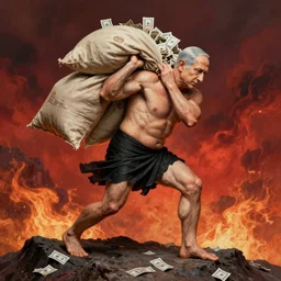 Benjamin Netanyahu depicted as Sisyphus, carrying sacks of money up a mountain in hell, by Michael Cheval