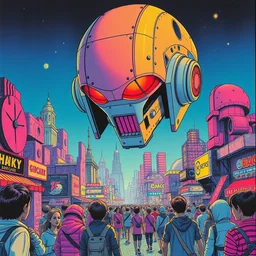 a close - up grainy, risograph painting, hyper light drigter, neon colors, a big mech droid head floating above the people, eden's world, style by moebius and kim jung gi