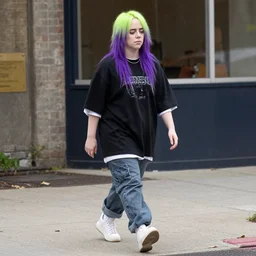 Billie Eilish walking on the sidewalk with WALL-E