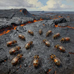 a swarm of insects, lava field, extremely detailed oil painting, extremely detailed oil painting, unreal 5 render, digital art, landscape painting, octane render, beautiful composition, trending on artstation, award winning photograph, masterpiece