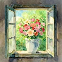 a bouquet of flowers on the open window. watercolor, hand drawn, physical paint, on glass, studio ghibli