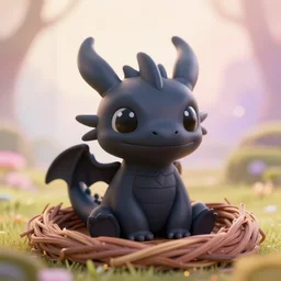a portrait of a cute happy tiny black chibi dragon sitting in a nest, black eyes, artstation, by magali villeneuve, dreamworks, depth of field, beautiful lighting, pastel colors, bokeh, fantasy art