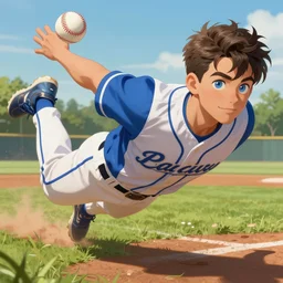 one young baseball player is flying a baseball, in the baseball field, male, gorgeous, blue eyes, peaceful expression, detailed face, amazing, thighs, the feeling of summer, intricate, highly detailed, digital painting, artstation, concept art, sharp focus, illustration, art by greg rutkowski and alphonse mucha