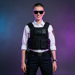 detailed character full body portrait of a skinny buzz undercut androgynous feminine federal government agent smirking sunglasses white button down shirt tactical bulletproof kevlar on smoky neon background artgerm greg rutkowski mucha
