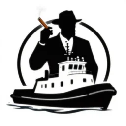 a corporate logo for the tugboat - mafia, including silhouette of a mafioso smoking a cigar with a tommy gun on his shoulder