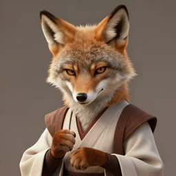 beautiful portrait of a female anthropomorphic coyote fursona wearing jedi robes looking bashful. detailed hands. character design by charlie bowater, ross tran, artgerm, and makoto shinkai, detailed, soft lighting, rendered in octane