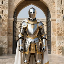man in decorated with gold in baroque style 15 century crusader armor, helmet hiding his face and white cape standing at the gates of jerusalem drawn by greg rutkowski realistic high detail