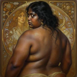 painting of a muscular dark nepali female from behind, big eyes, fat, ultra realistic, concept art, intricate details, eerie, highly detailed, photorealistic, octane render, 8 k, unreal engine. art by artgerm and greg rutkowski and alphonse mucha