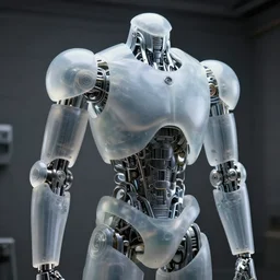complex chromium cybernetic endoskeleton built of spheres in a dark gray room wearing frosted glass like translucent armor plates highly detailed