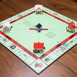 2. 5 d perspective view, plastic houses on monopoly board, resemble real house