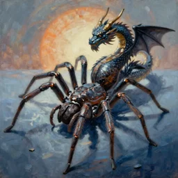painting of hybrid spider!!!! & dragon, intercrossed animal, by zdzislaw beksinski, by lewis jones, cold hue's, warm tone gradient background, concept art, digital painting