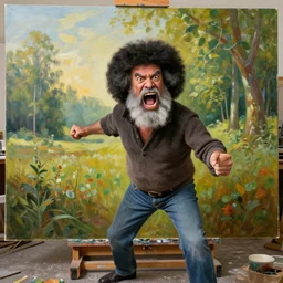 epic photo of old!!!!!!!!!!!!!!!!!!! bold bob ross frustrated and angry and yelling!!!!!!!!!!!!!!! at a huge painting of nature!!!!!!!!!! by bob ross, grey hairs, masterpiece, trending on artstation