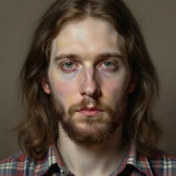 portrait of redneck jesus, pale unhealthy skin. round face. plaid shirt. extreme fine detail background, highly detailed, detailed eyes, high quality, digital painting, hyperrealistic, by gaston bussiere, j. c. leyendecker, craig mullins
