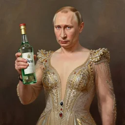 vladimir putin wearing a sexy dress, holding a bottle of arak, cinematic, beautiful digital painting, hyper detailed