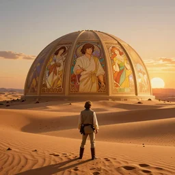 beautiful wide shot tatooine landscape, Luke skywalker sunset, dome, Star Wars a new hope 1977, studio ghibli, Miyazaki, Greg rutkowski, Alphonse mucha, Moebius , animation, golden hour, highly detailed, hdr, vivid color, 70mm