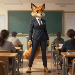full body photograph of a female anthropomorphic xoloitzcuintle fursona wearing a nice suit in a school classroom, deep focus, intricate, elegant, highly detailed, digital painting, artstation, concept art, matte, sharp focus, illustration, d & d, fantasy, hearthstone, art by artgerm and greg rutkowski and alphonse mucha