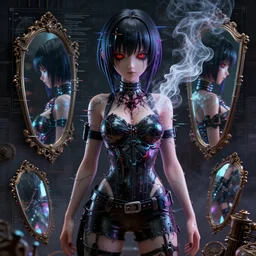 anime / manga, artstation, glitch art, horror art, smoke, photorealistic dramatic liquid anime girl, 3 d anime avatar, realistic, mirrors, glitch art, cinematic, steampunk blueprint, character design