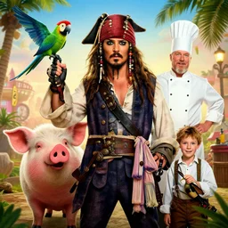 Film poster for comedy pirate film including a pig, parrot, captain, chef and deck hand boy, 8k highly professionally detailed, HDR,