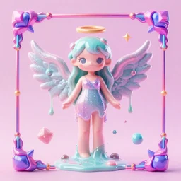 angel in disguise, slimy slime drenched skinny divine holy androgynous being of glitter glue, pastel cute slime, 3 d polygon ui of neon ornamental rococo frames, 3 d render