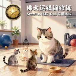 watercolor illustration style, cute cat trainer training other cute cats in the fitness studio environment