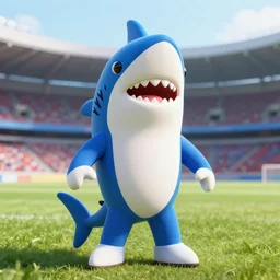 Render of a 3D Shark Mascot Costume, stadium setting, highly detailed, trending on artstation, photorealistic, Unreal Engine 4k