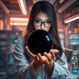 league of legends concept art beautiful curvy young female scientist examining spherical black hole in her hand, long hair, glasses, futuristic laboratory background interior, table with laboratory equipment, art by charles liu, close - up shot, fantasy style, soft lighting, vibrant color scheme, female portrait, ultra detailed, volumetric lighting, octane render, commission art, 8 k wallpaper