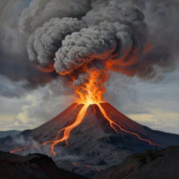 a beautiful painting of a volcano oozing lava, pyroclastic clouds forming by albert bierstadt, high resolution, excellent contrast, morning