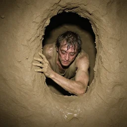 found footage of a man made of clay emerging from a wall inside of a cave made of clay, creepy, flash photography, unsettling, moist