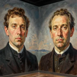 see reflections of my mortal self projected on the wall, painted by winslow homer, rodcenko, yue minjun, gottfried helnwein