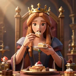 highly detailed closeup, low - poly hands, portrait of a fairytale medieval princess wearing a crown and sitting on a throne eating cakes, unreal engine, nicoletta ceccoli, mark ryden, earl norem, lostfish, global illumination, god rays, detailed and intricate environment