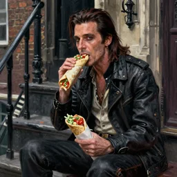 character portrait of a rugged iggy pop sitting down on a fire escape eating a shawarma in gothic london, gothic, john singer sargent, muted colors, moody colors, illustration, digital illustration, amazing values, art by j. c. leyendecker, joseph christian leyendecker, william - adolphe bouguerea, graphic style, dramatic lighting, gothic lighting