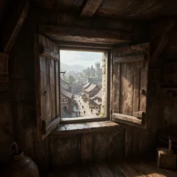 wet lush delicious view from standing inside the interior dingy wooden fort tower room with a small window looking out at the bustling medieval town streets below atmospheric unreal engine hyperreallistic render 8 k concept art masterpiece screenshot from the video game assassin's creed odyssey 2 7 0 0 k global illumination