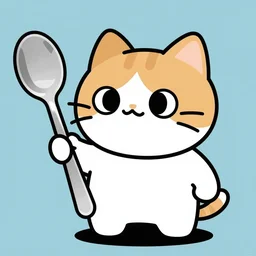 cartoonised cat holding a comically large silver spoon