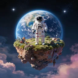 a floating island in space, astronaut on the island, earth and stars in the background, surround by colurful clouds
