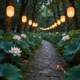 photorealistic beautiful lotus blossom forest at dusk with paper lanterns illuminating a cobblestone pathway. hyperdetailed photorealism, 1 0 8 megapixels, koi pond, amazing depth, glowing rich colors, powerful imagery, psychedelic overtones, 3 d finalrender, 3 d shading, cinematic lighting, artstation concept art