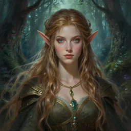 portrait of a fantasy elf female sorceress queen with long hair flowing in an ancient forest filled with magic, highly detailed, digital painting, artstation, smooth, sharp focus, illustration, art by artgerm and greg rutkowski and alphonse mucha, fine face