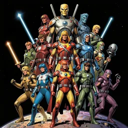 textless stacked chatacters cover art of a space opera with heroes and villains on a nerfarious planet, jack kirby