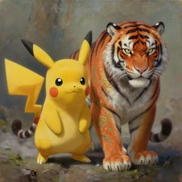 mixed blood of tiger and pikachu, ghibli style, very detailed, volumetric light, mist, fine art, decaying, textured oil over canvas, epic fantasy art, very colorful, ornate scales