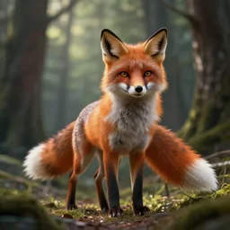 a medieval anthropomorphic fox with a fluffy tail in a forest, backlighting, dramatic lighting, cgi, rendered in unreal engine