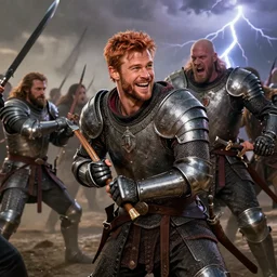 stunning portrait of ( ( ( laughing ) ) ) ( ( ( ( copper haired chris hemsworth ) ) ) ) looking like kristofer hivju!!, fighting a battle, medival armour!!, jeremy mann, frank moth, jeff easley, alphonse mucha, dave mckean, thunder & lightning, soft lightning, high detailed, 8 k