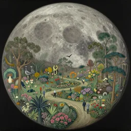 a landscape on the moon with many craters, people walk along the paths, a beautiful flowering garden, birds, a lot of exotic vegetations, trees, intricate detaild, dim muted colors, 8 k, in the style of martin johnson heade and roger dean